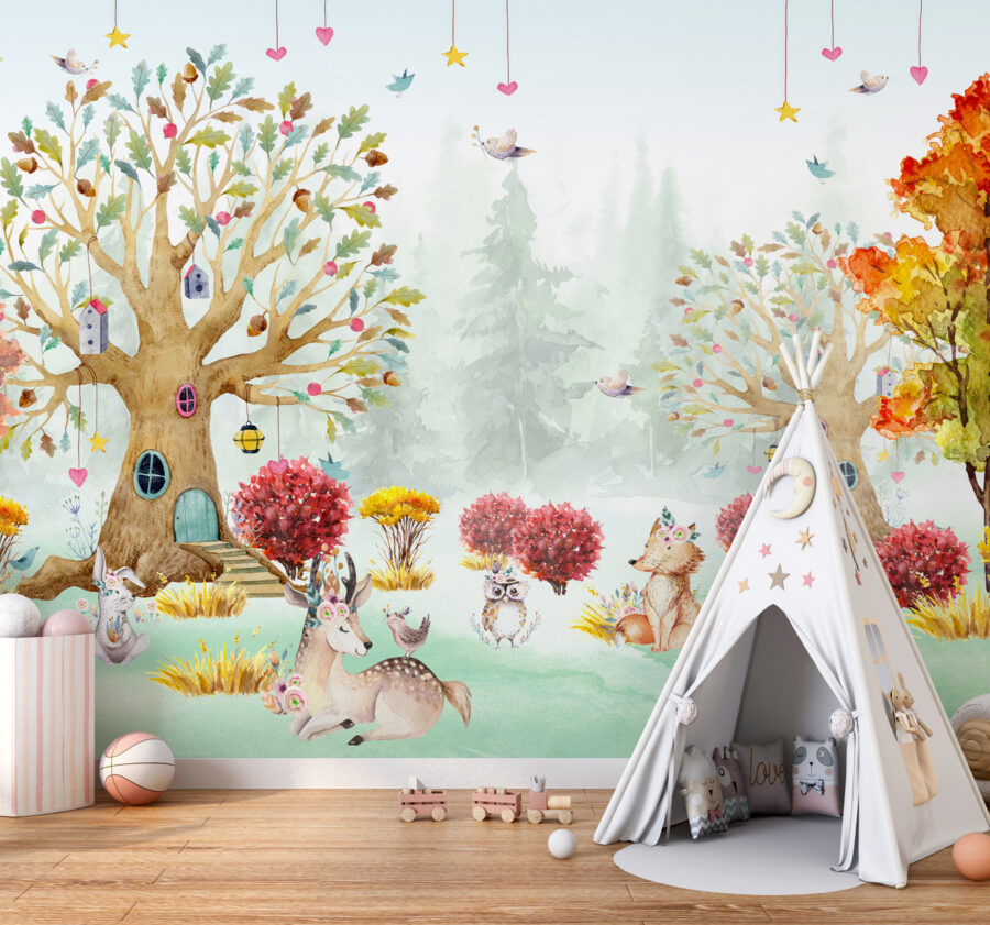 A watercolor painting of animals in a forest A watercolor painting of animals in a forest
