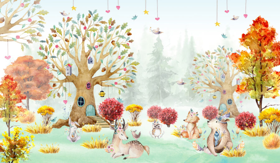 A watercolor painting of animals in a forest A watercolor painting of animals in a forest