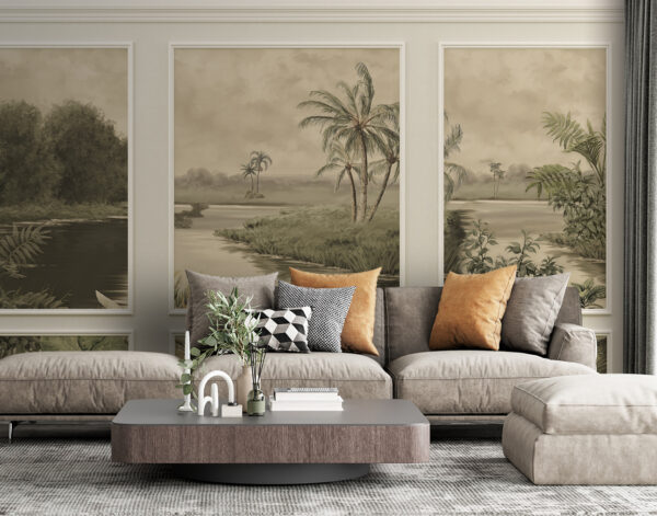 A wall with a painting of trees and a river A wall with a painting of trees and a river