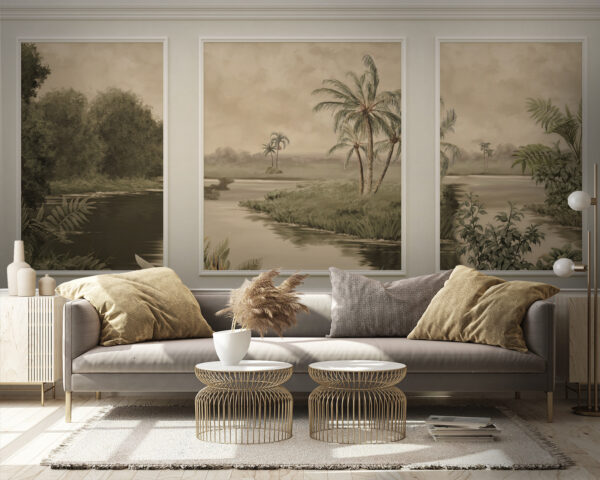 A wall with a painting of trees and a river A wall with a painting of trees and a river