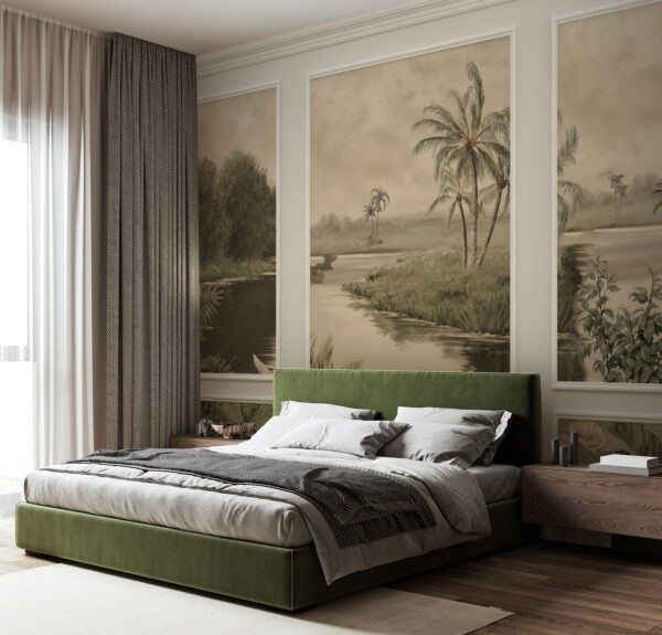 A wall with a painting of trees and a river A wall with a painting of trees and a river