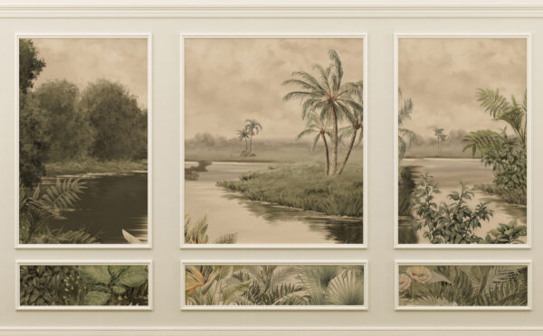 A wall with a painting of trees and a river A wall with a painting of trees and a river
