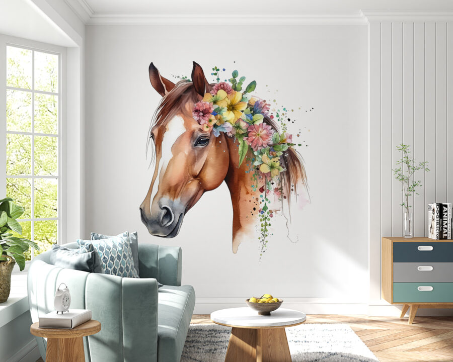 A watercolor of a horse with flowers on its head