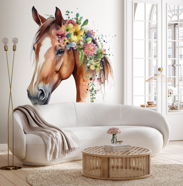 A watercolor of a horse with flowers on its head A watercolor of a horse with flowers on its head