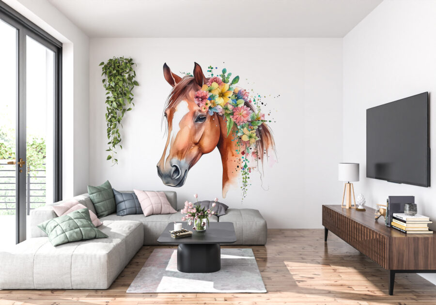 A watercolor of a horse with flowers on its head A watercolor of a horse with flowers on its head
