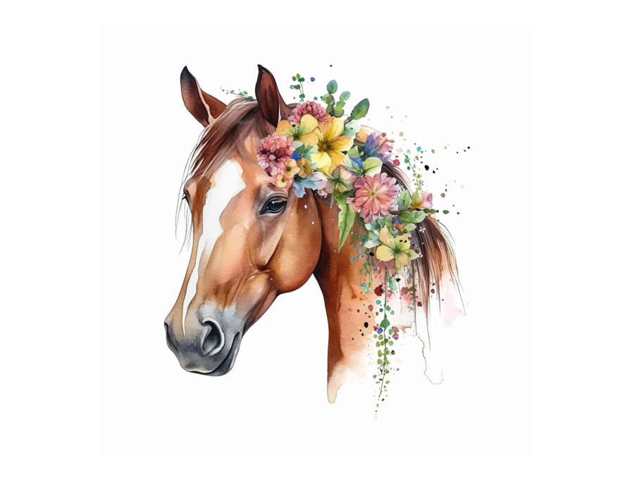 A watercolor of a horse with flowers on its head