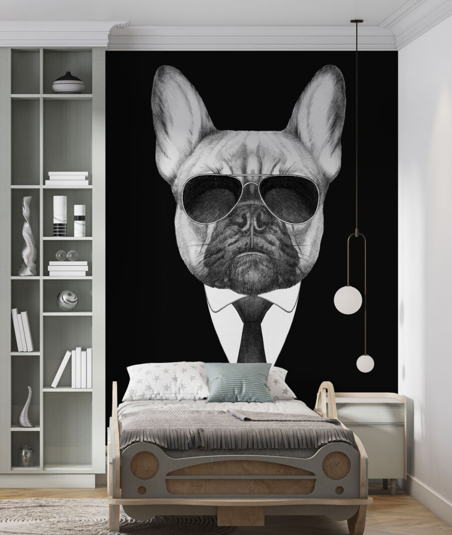 A dog wearing sunglasses and a suit A dog wearing sunglasses and a suit