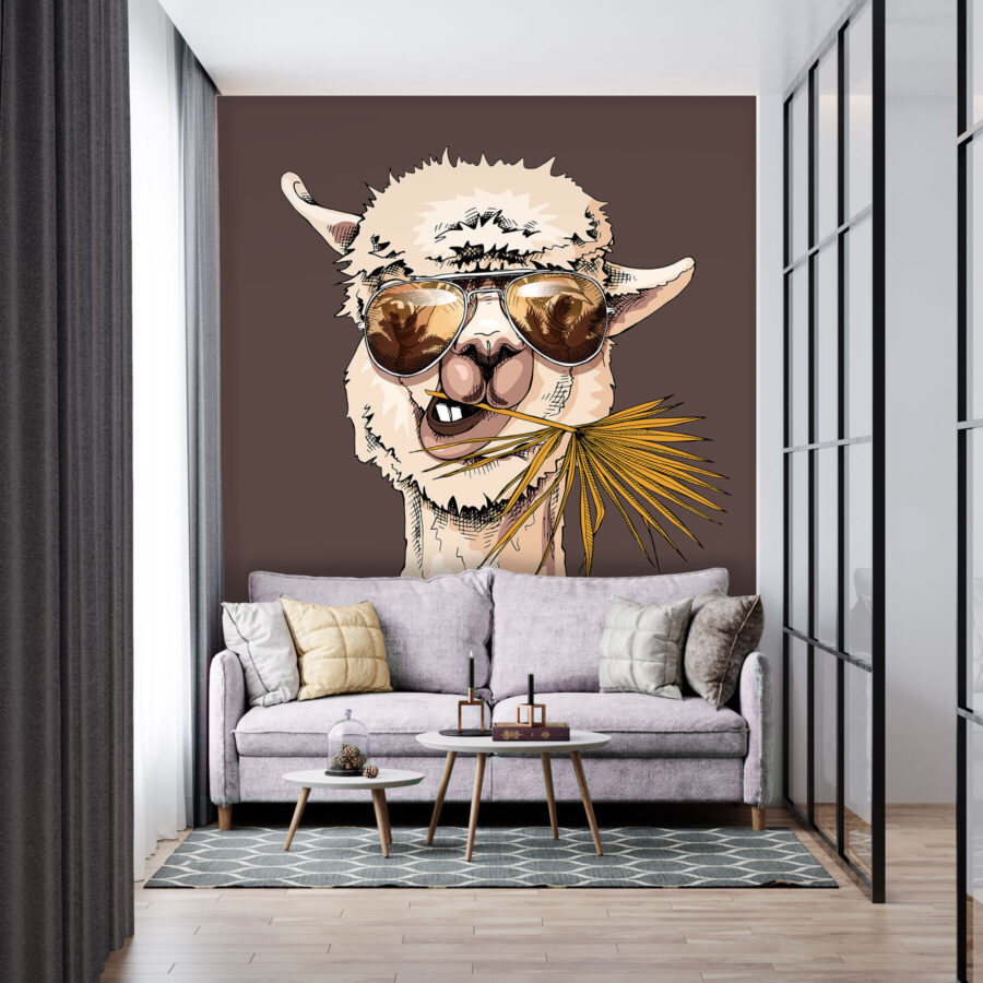 A llama wearing sunglasses and eating a palm leaf
