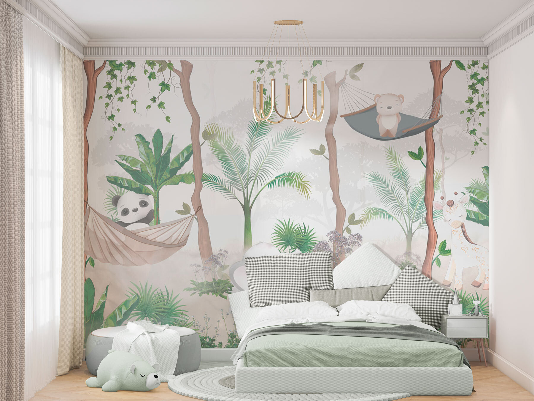 A wallpaper with animals in hammocks in the forest