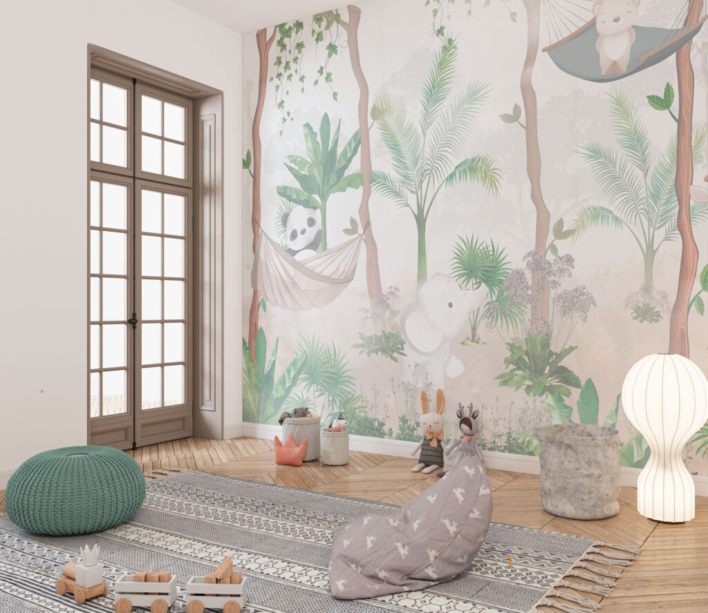 A wallpaper with animals in hammocks in the forest