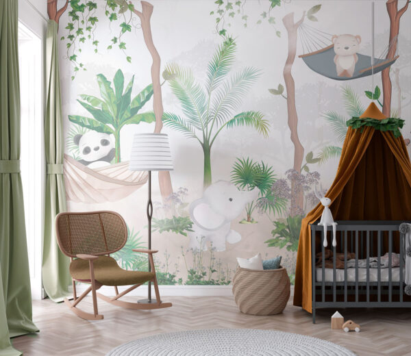 A wallpaper with animals in hammocks in the forest