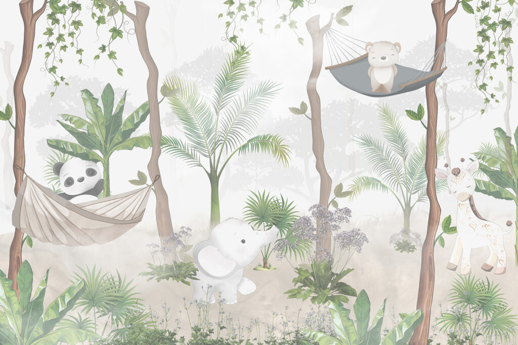 A wallpaper with animals in hammocks in the forest