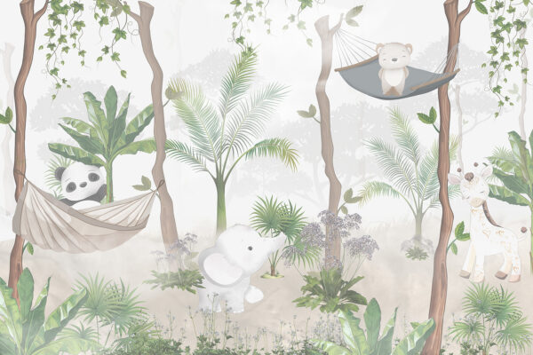 A wallpaper with animals in hammocks in the forest