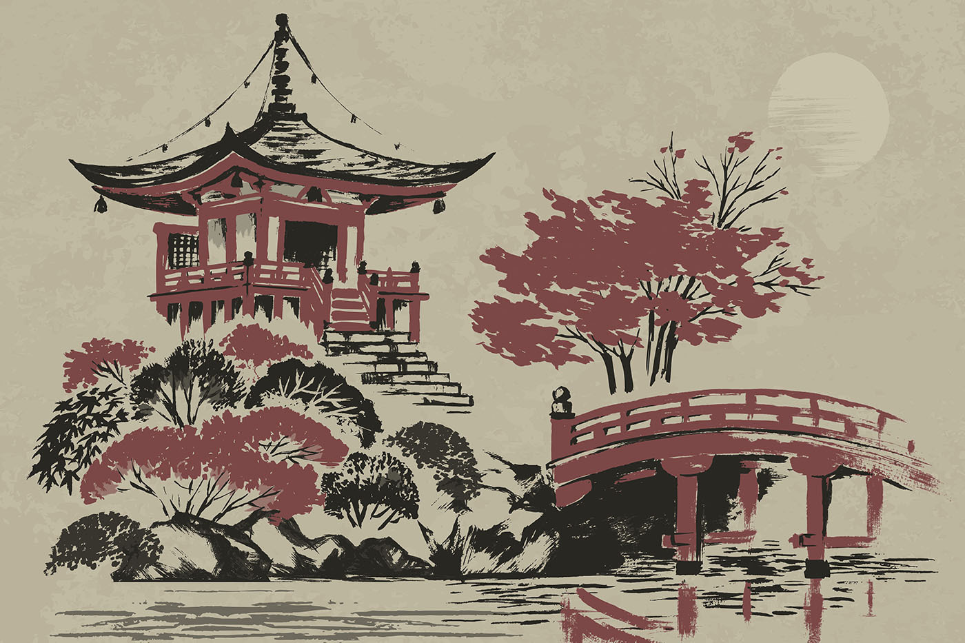 A painting of a pagoda and a bridge A painting of a pagoda and a bridge