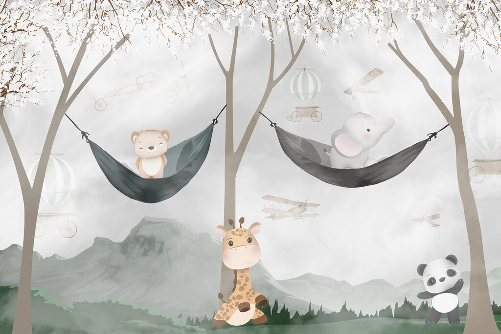A giraffe and bear in hammocks