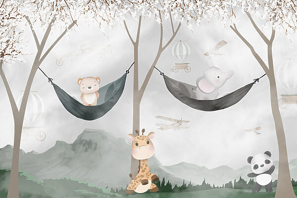 A giraffe and bear in hammocks
