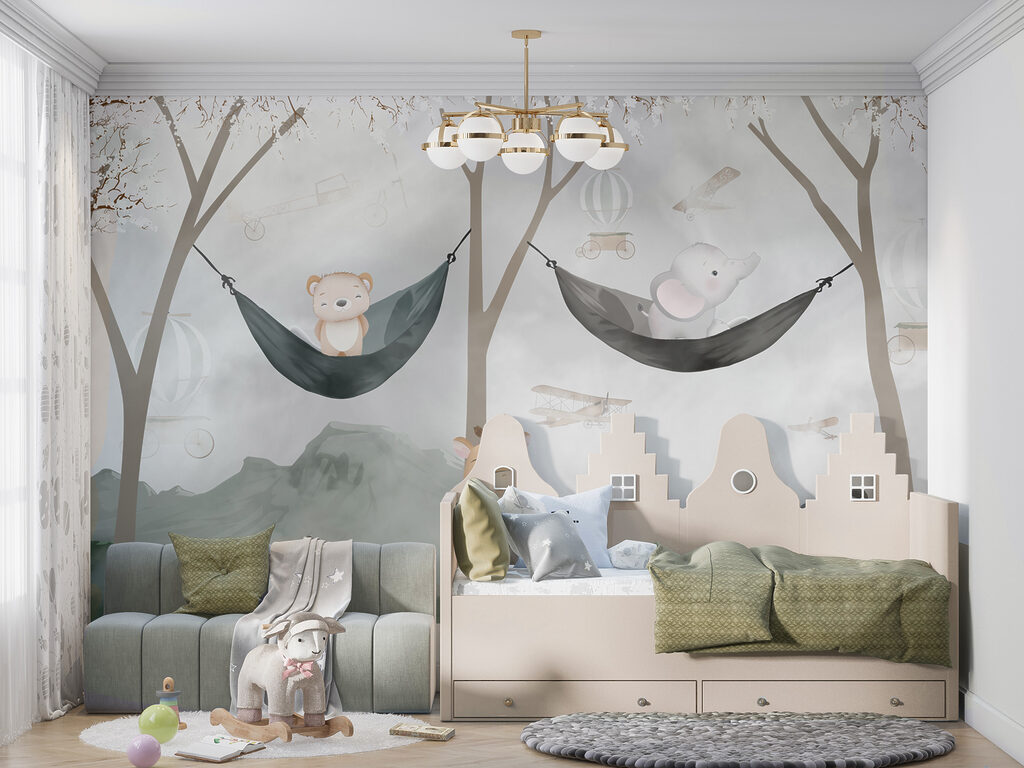 A giraffe and bear in hammocks