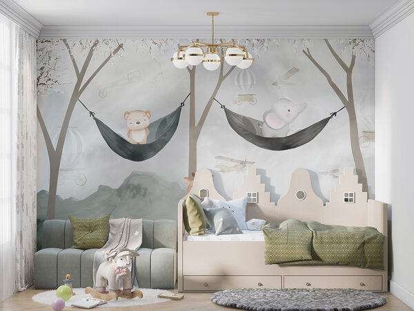 A giraffe and bear in hammocks