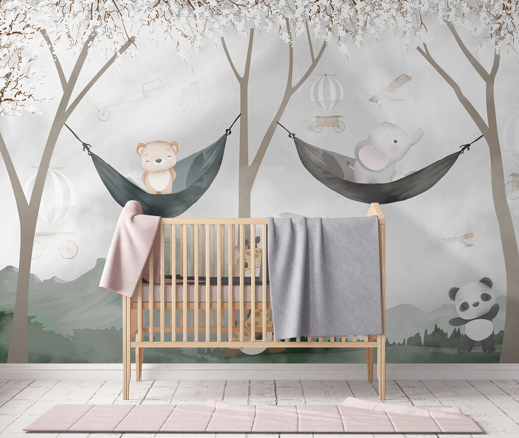 A giraffe and bear in hammocks