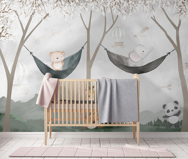 A giraffe and bear in hammocks