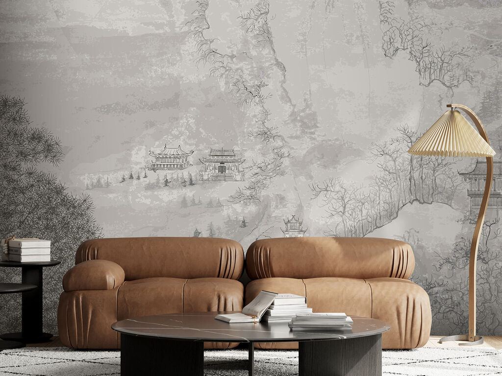 A painting of buildings on a mountain