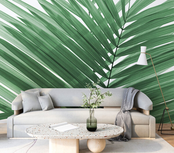 Lush green palm leaves against white Lush green palm leaves against white