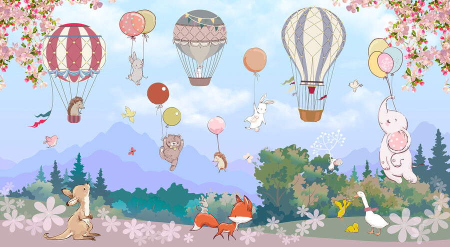 A cartoon of animals and hot air balloons