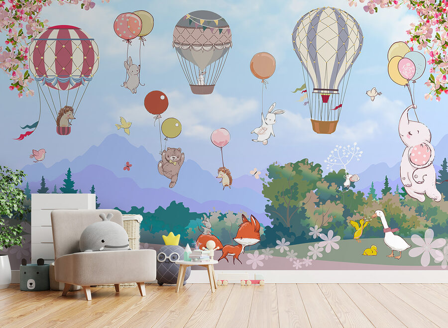 A cartoon of animals and hot air balloons