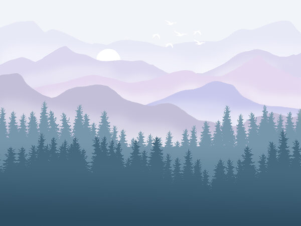 A landscape of mountains and trees