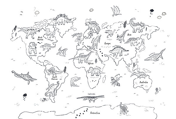 A map of the world with dinosaurs