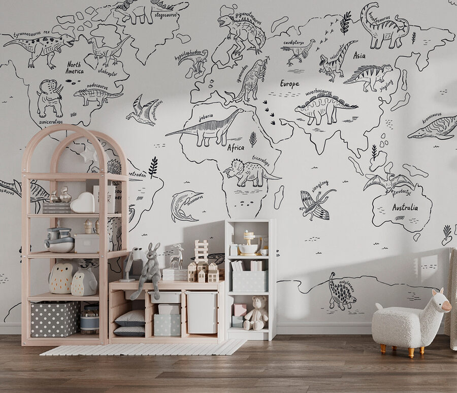 Wall murals A map of the world with dinosaurs
