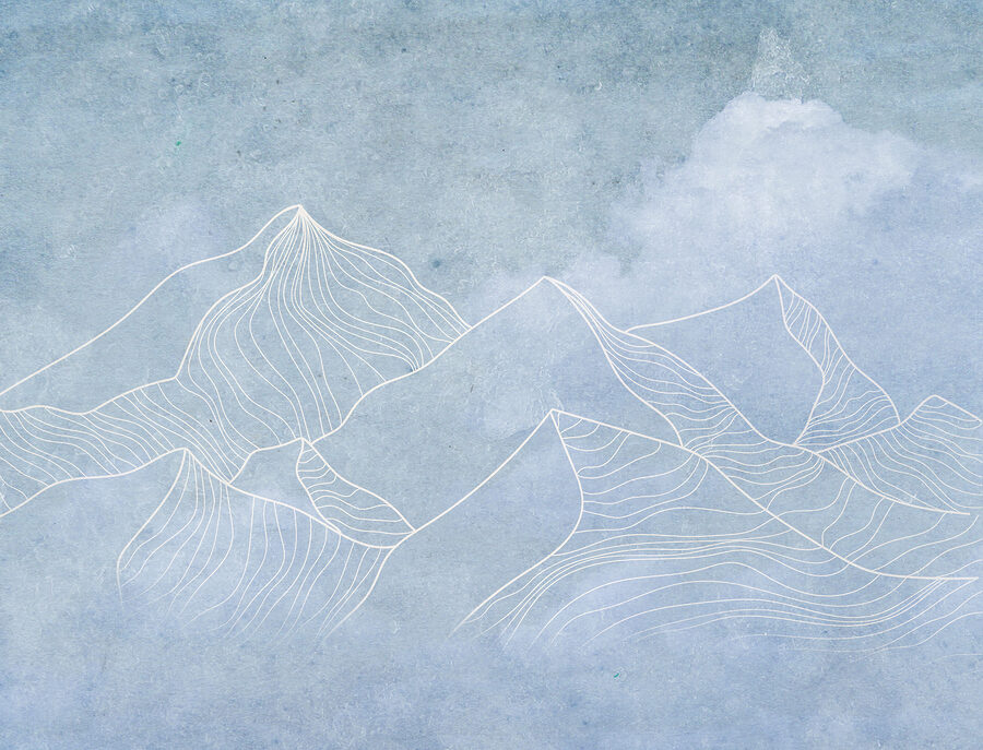 A drawing of mountains with clouds