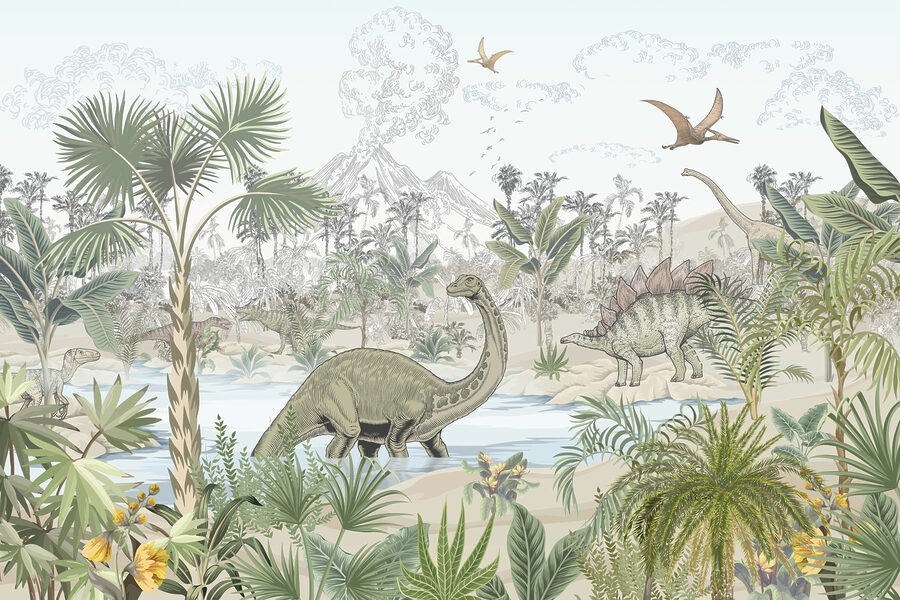 A group of dinosaurs in a river