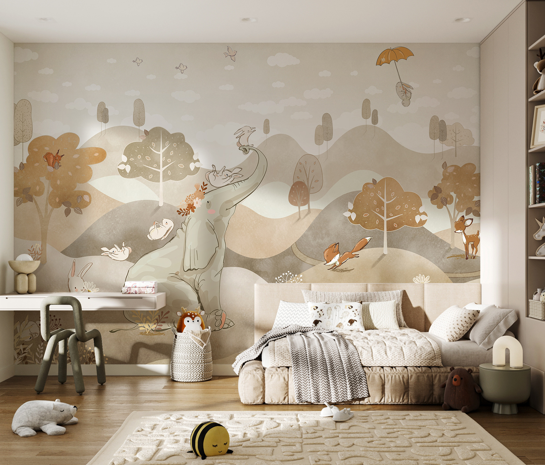 An elephant and rabbits in a landscape