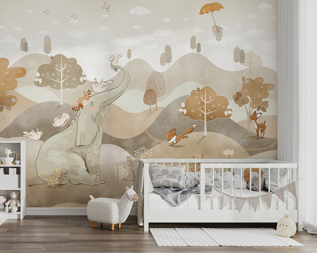 An elephant and rabbits in a landscape