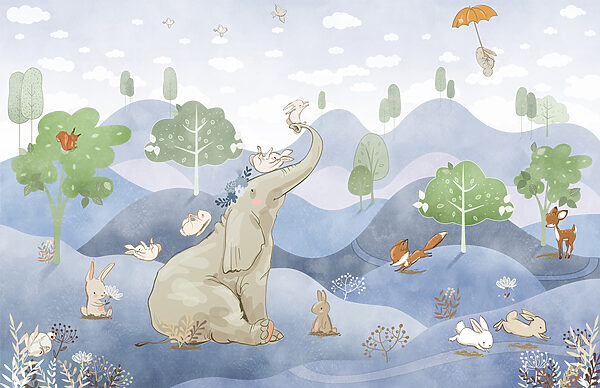 An elephant and rabbits in a forest An elephant and rabbits in a forest