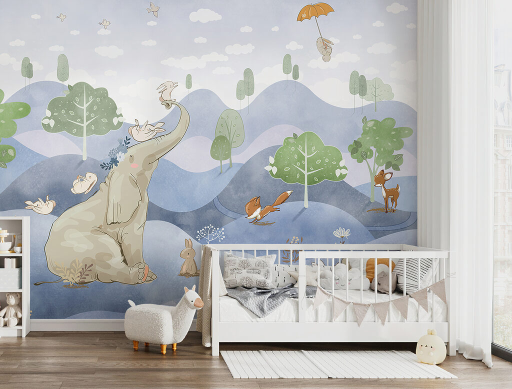 An elephant and rabbits in a forest An elephant and rabbits in a forest