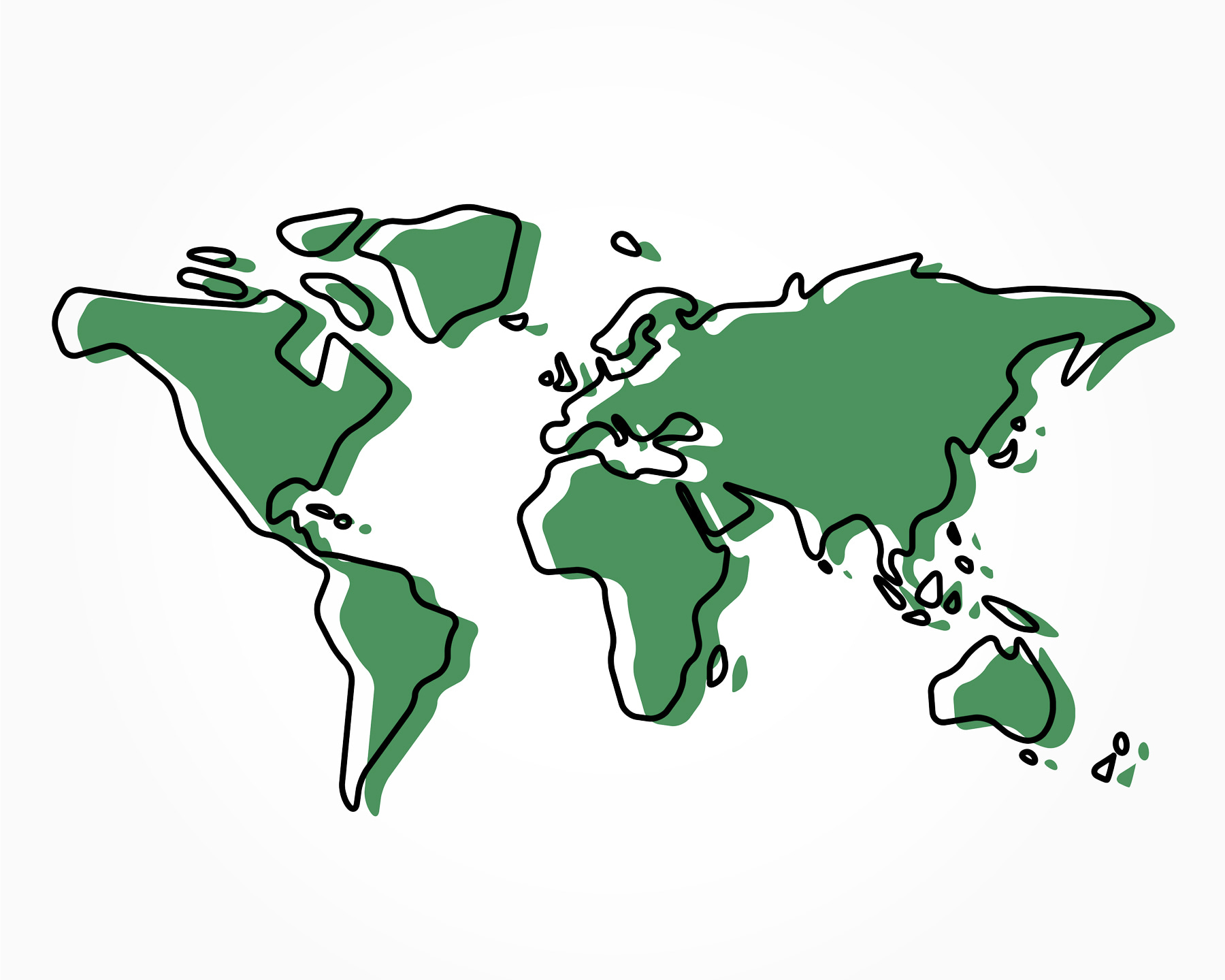 A green and black outline of a world map