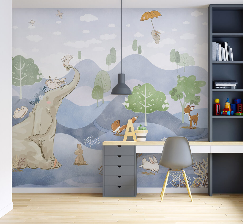 An elephant and rabbits in a forest An elephant and rabbits in a forest