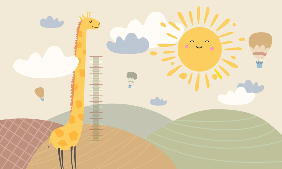 A giraffe standing in a field with a sun and clouds