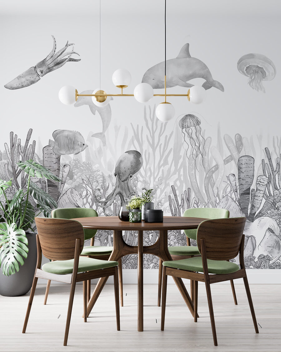 A sea life with fish and jellyfish