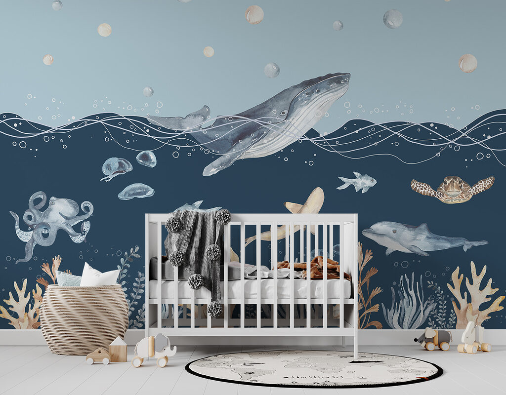 A watercolor of a whale and fish