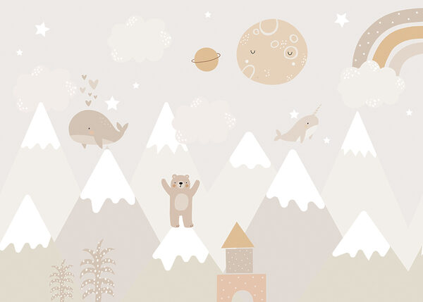 A wall mural of a cartoon landscape A wall mural of a cartoon landscape