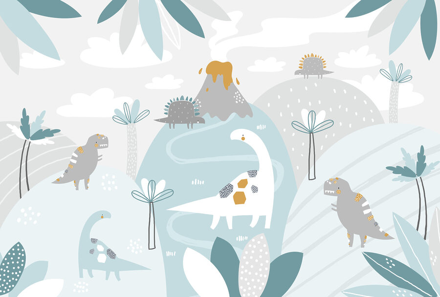 A cartoon dinosaur with a volcano and plants