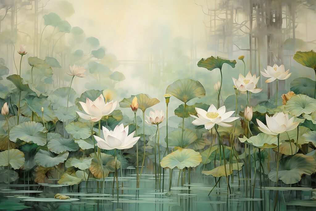 A white flowers and green leaves in a pond A white flowers and green leaves in a pond