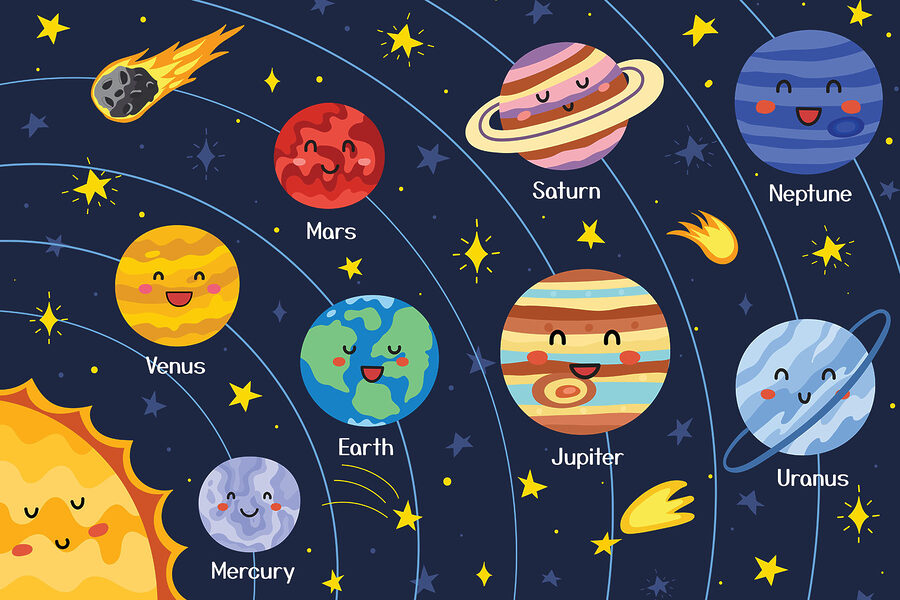 Cartoon planets and stars in space