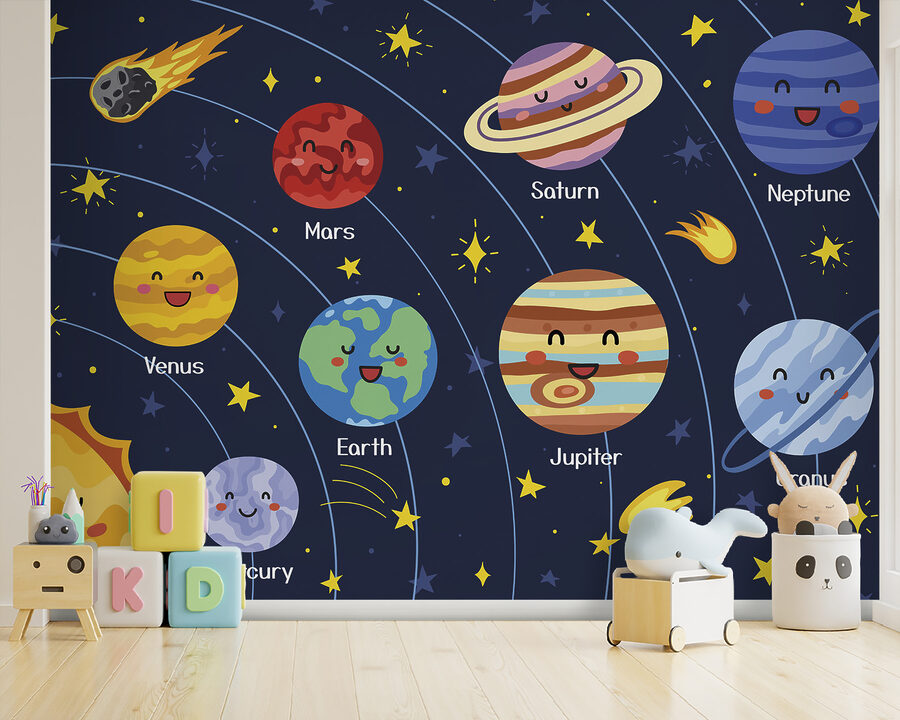 Cartoon planets and stars in space