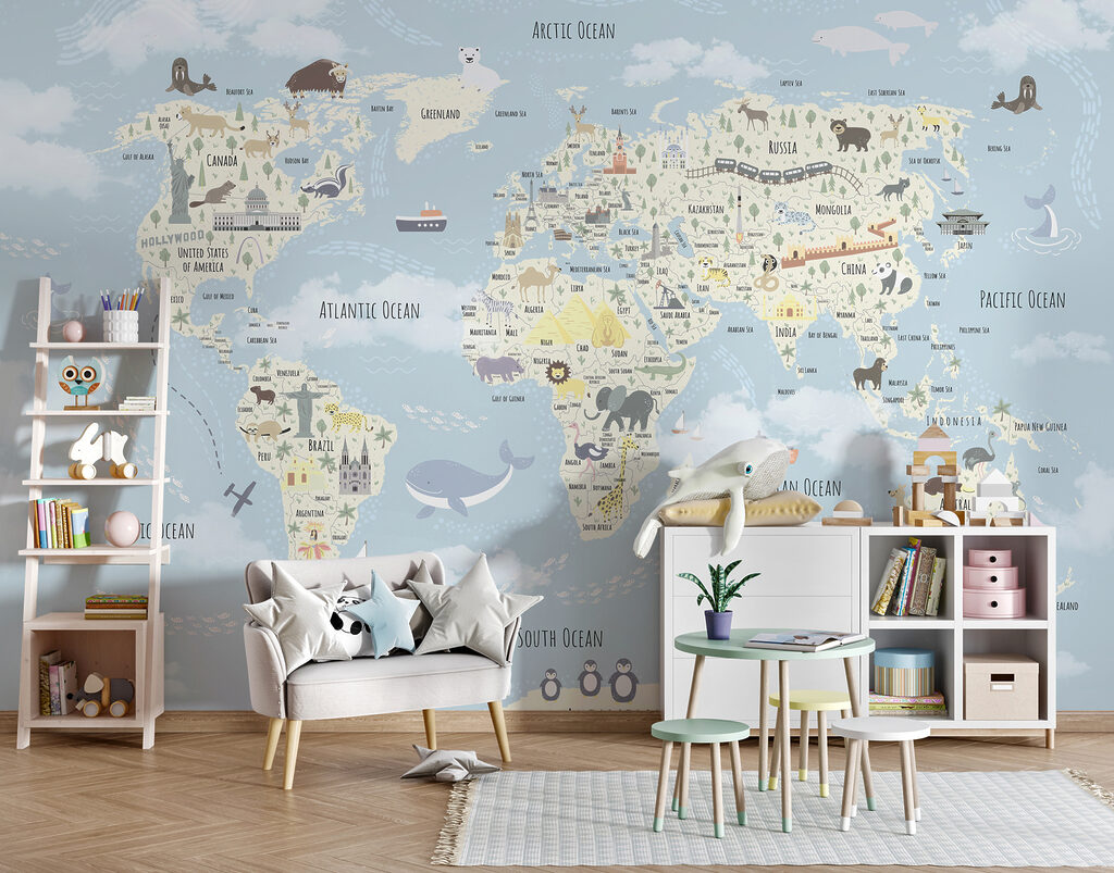 A map of the world with animals