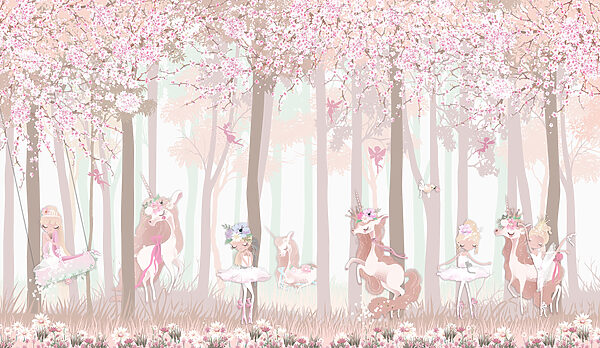 A wallpaper with a group of unicorns and fairies