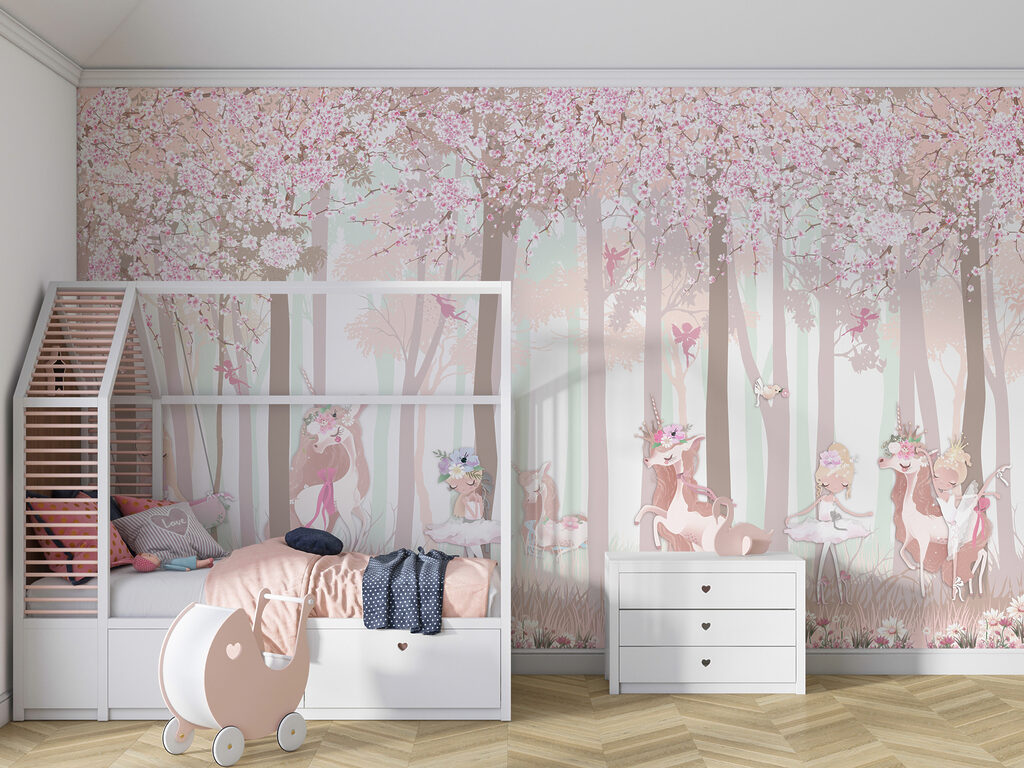 A wallpaper with a group of unicorns and fairies